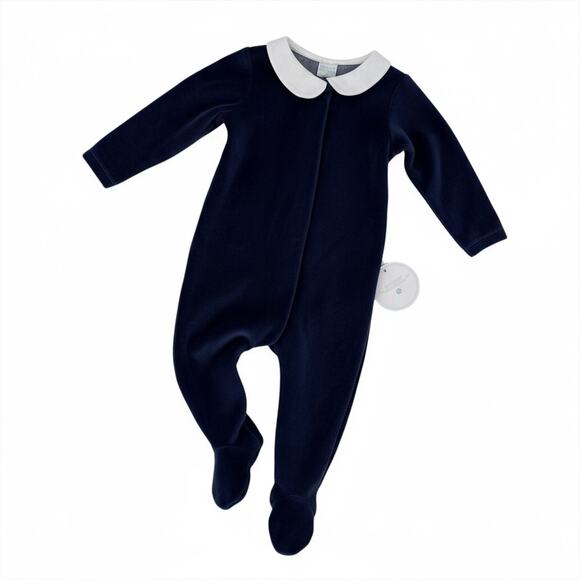 Edgehill Collection Baby Boy Navy Velour Footed Romper Sz 3M Peter Pan Collar - Picture 2 of 6